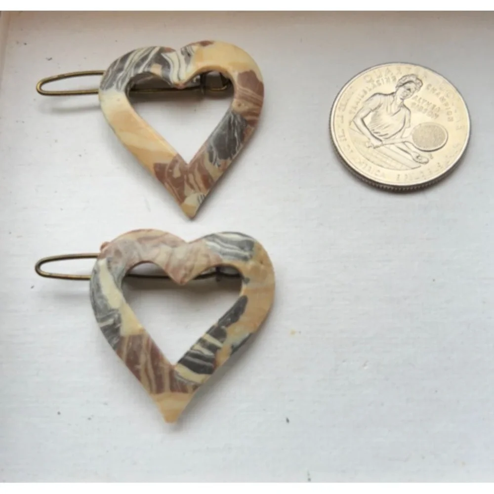Vintage France Marbled Heart Hair Clips Pair 1970s Tortoiseshell Open Barrette